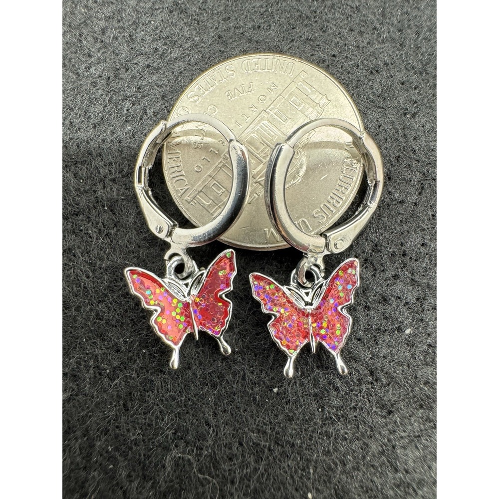 Red Glitter Butterfly Dangle Huggie Hoop Earrings Silver Tone New